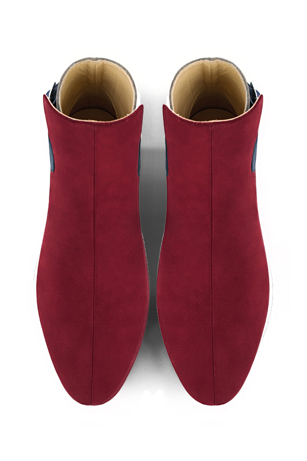Women's burgundy red, bronze beige and denim blue elegant ankle boots, with buckles at the back. Round toe. Flat block heels - Top view